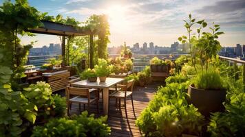ai généré café terrasse avec magnifique vue de le ville à le coucher du soleil. une magnifique ville toit jardin avec magnifique vert végétaux, ai généré video
