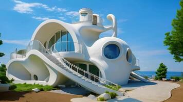 AI generated Park Guell in Barcelona, Spain, A creatively designed house by the seaside, AI Generated video