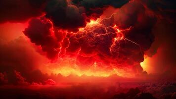 AI generated 3D illustration of a thunderstorm with lightning in the sky. A fire hurricane ravages the cloudscape in the sky. A visual representation of climate change induced apocalypse, AI Generated video