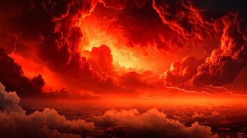 AI generated Fiery thunderstorm in the sky. 3D illustration. Natural background, A fire hurricane ravages the cloudscape in the sky. A visual representation of climate change induced apocalypse video