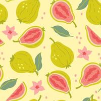 Seamless pattern with guava fruits, leaves and flowers. Vector graphics.