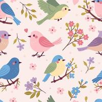 Seamless pattern of cute spring songbirds and flowers. Vector graphics.