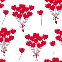 Seamless pattern with bunches of red heart-shaped balloons. Vector graphics.