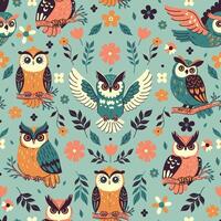 Seamless pattern with owls and flowers. Vector graphics.