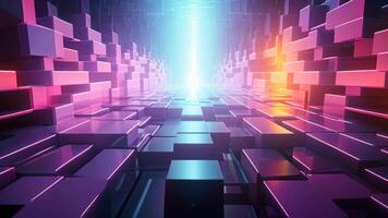 AI generated abstract technology background with glowing cubes in blue and pink colors. 3d illustration of abstract background with neon cubes and lines. 3d rendering, AI Generated video