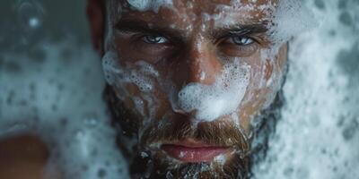 ai generado hombre afeitado en baño con espuma foto