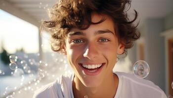 AI generated Smiling, cheerful Caucasian boy enjoying summer, looking at camera generated by AI photo