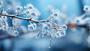 ai generado frescura de invierno azul rama, cerca arriba de hielo en hoja generado por ai foto