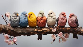 AI generated Cute small bird perching on branch, surrounded by colorful feathers generated by AI photo