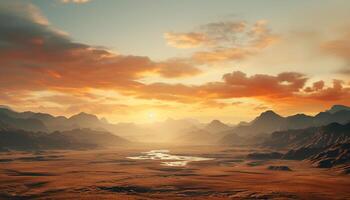AI generated Sunset over majestic mountain range, a tranquil scene of beauty generated by AI photo