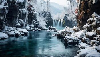 AI generated Winter landscape Majestic mountains, frozen forest, flowing water, tranquil beauty generated by AI photo