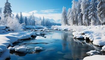 ai generado invierno paisaje nieve cubierto bosque, congelado lago, tranquilo belleza generado por ai foto