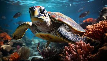 AI generated Underwater turtle swimming in nature multi colored reef generated by AI photo