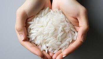 ai generado un mujer mano sostiene un puñado de sano arroz generado por ai foto
