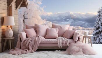 AI generated Cozy winter bedroom with snow outside, modern design and comfortable wood material generated by AI photo
