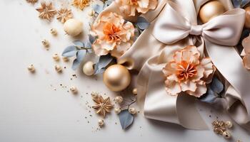 AI generated Romantic love, bright ball, gold colored ornament, winter celebration, elegant decoration generated by AI photo