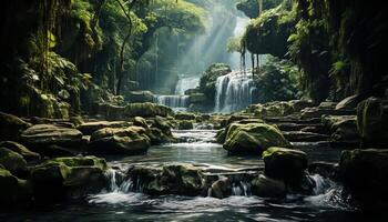 AI generated Freshness of flowing water in tropical rainforest, a tranquil scene generated by AI photo