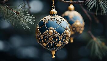 AI generated Winter celebration gold ornament hanging on Christmas tree branch generated by AI photo