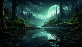 AI generated Spooky night in the forest, mystery in nature dark landscape generated by AI photo