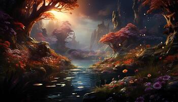 AI generated Mysterious forest at dusk, a fantasy landscape painted with creativity generated by AI photo