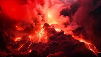 AI generated Volcanic eruption. Burning lava in the crater of volcano, Lava spurting out of crater and reddish illuminated smoke cloud, lava flows, erupting volcano, AI Generated video