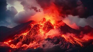 ai généré volcan éruption à nuit. 3d illustration. éléments de cette image meublé par nasa, lave jaillissement en dehors de cratère et rougeâtre illuminé fumée nuage, lave les flux, éclater volcan video