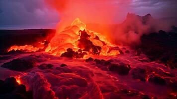 AI generated Volcano Hveravellir in Iceland, Europe, Lava spurting out of crater and reddish illuminated smoke cloud, lava flows, erupting volcano, AI Generated video