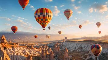 AI generated Hot air balloons flying over Cappadocia, Turkey, Hot air balloons flying over spectacular Cappadocia, AI Generated video