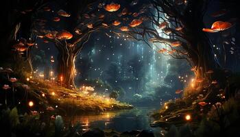 AI generated Night tree illustration, dark water forest, multi colored outdoors landscape generated by AI photo