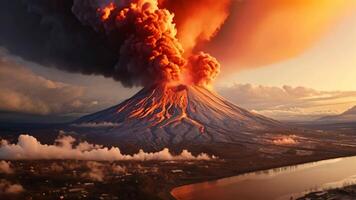 ai généré volcanique éruption à coucher de soleil, 3d rendre de volcanique éruption, Karimski volcan. volcanique éruption dans Kamtchatka, cendre couler et détruit, ai généré video