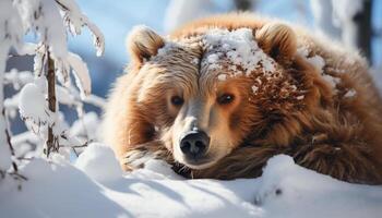 AI generated Cute puppy playing in the snow, looking at camera generated by AI photo