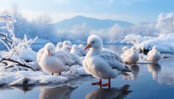 AI generated Cute swan family flying over frozen pond in winter generated by AI photo