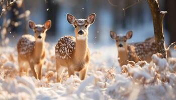 AI generated Cute young deer standing in snowy forest, looking at camera generated by AI photo