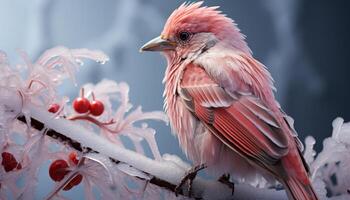 ai generado un linda pájaro encaramado en un rama en el nieve generado por ai foto