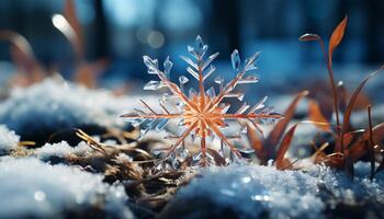 AI generated Winter snow close up frost on leaf, frozen branch, icy beauty generated by AI photo