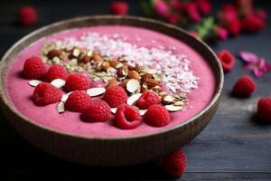 AI generated Raspberry smoothie bowl. Generate AI photo