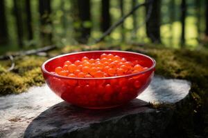 AI generated Red cloudberry with leaves in bowl. Generate ai photo