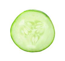 Top view of single fresh cucumber slice or piece isolated on white background with clipping path photo