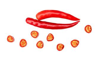 Top view set of red chili pepper with slices isolated on white background with clipping path photo