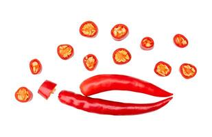 Top view set of red chili pepper with slices isolated on white background with clipping path photo