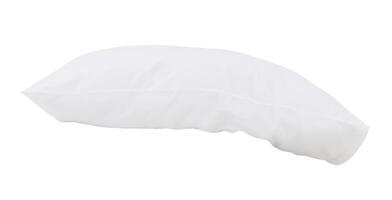 Front view of white pillow with cases after guest's use in hotel or resort room isolated on white background with clipping path.  Concept of comfortable and happy sleep in daily life photo