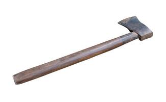 Old rust dirty dark gray axe with brown wooden handle isolated on white background with clipping path photo