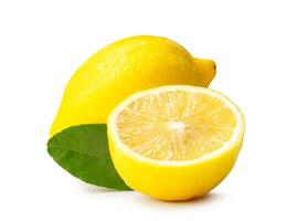 Front view of yellow lemon fruit with half and leaf isolated on white background with clipping path photo