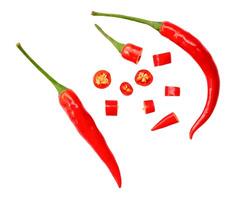 Top view set of red chili pepper with slices isolated on white background with clipping path photo