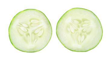 Top view set of green cucumber slices or pieces isolated on white background with clipping path photo