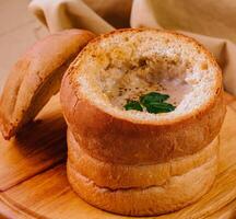 dumplings with basil and cream of mushroom soup photo