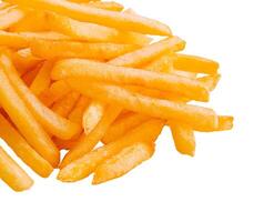 Golden French fries potatoes on white background photo