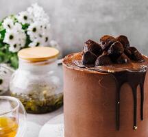 chocolate cake with truffles and tea photo