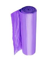 Purple roll of garbage bags isolated on white photo