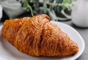 A fresh croissant on plate close up photo